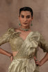 Metal green tissue drape sari with frills combined with blouse and waist belt